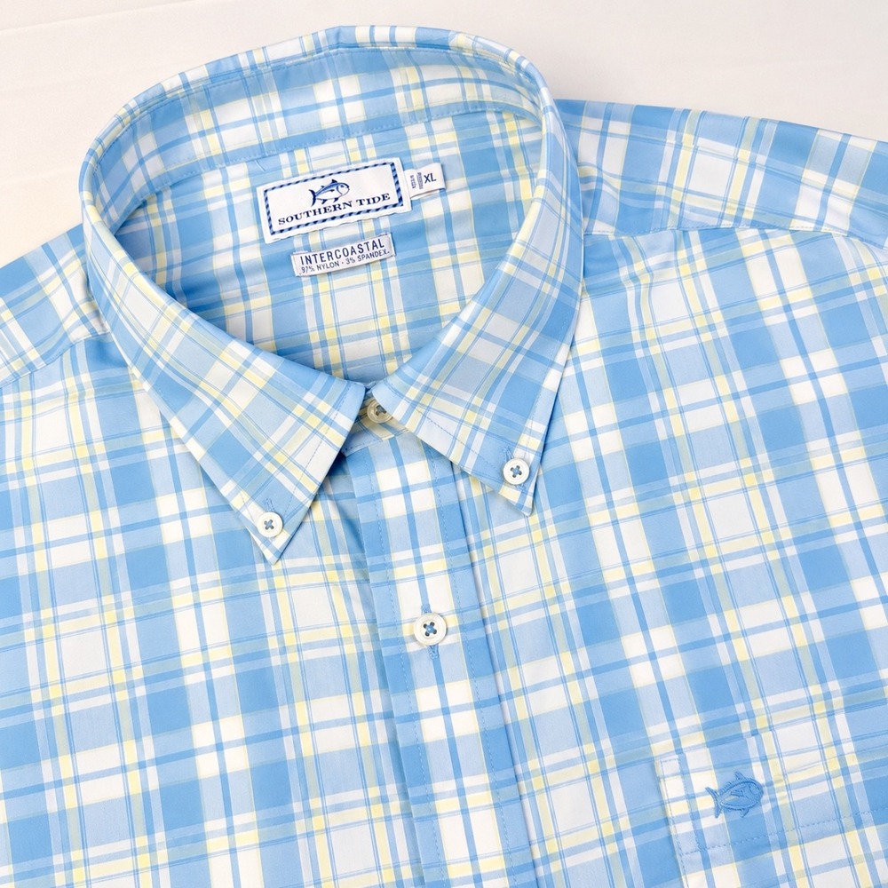 Southern Tide Intercoastal Plaid Shirt Mens XL Blue Yellow Long Sleeve Stretch